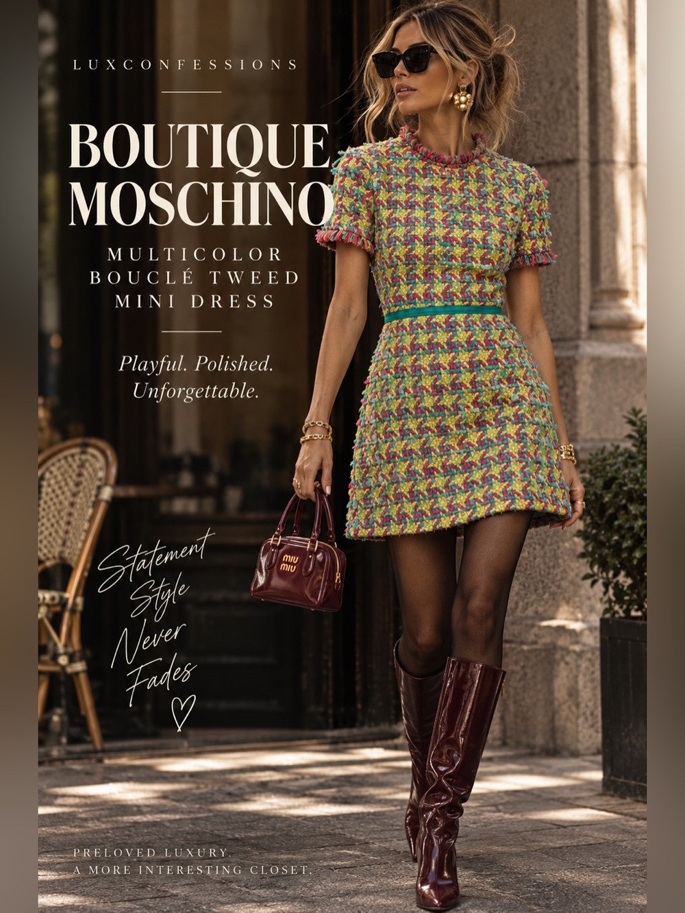 BOUTIQUE MOSCHINO FRINGED BOUCLÉ-TWEED MINI DRESS US 6  AS SEEN ON NICOLE RICHIE